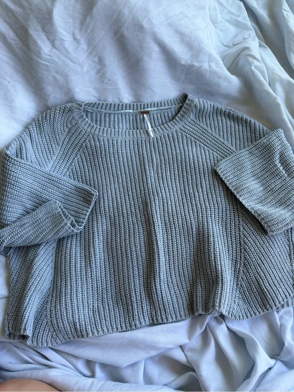 Free People Light Gray Cropped Ribbed Knit Sweater